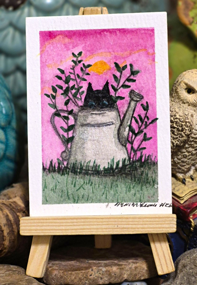 Original ACEO Watercolor & Pen Black Cat „Sprout“ OOAK Miniature Painting