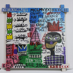 JEAN-MICHEL BASQUIAT ACRYLIC ON CANVAS 1982 WITH TIED WOOD SUPPORTS 35 X 35 in