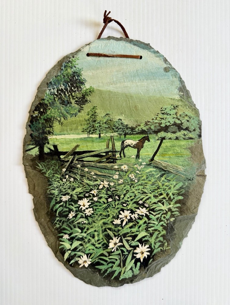 Vtg Hand Painted Slate Wall Hanging Painting, Horse In Field w/ Fence & Flowers