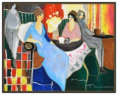 Itzchak Tarkay Original Mixed Media Painting On Canvas Signed Female Cafe Art