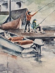 Watercolor Painting Fishing Pier Sailboats 1985 Signed A.M. Loya No Glass Frame