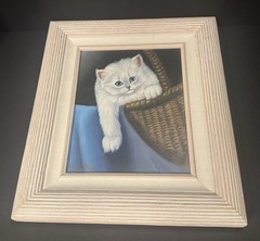 VTG Style, Fluffy White Cat, in Basket Oil Painting, by R. Montes, Rustic Frame