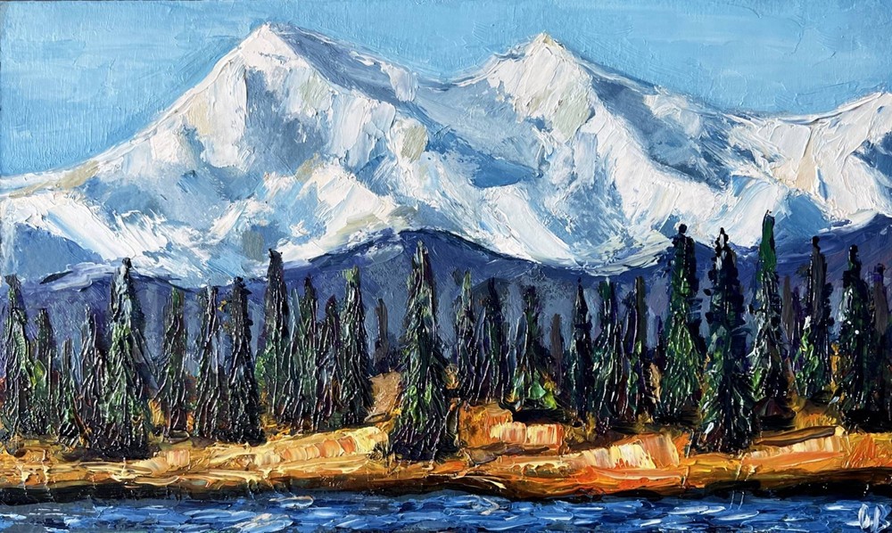 Alaska Painting Original Art Impasto Oil Painting Mountain Landscape 7×12″