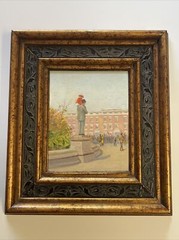 Antique Oil Painting WPA REGIONALISM HISTORIC STREET SCENE AMERICAN CITY EVENT