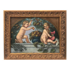 Vintage Neoclassical Oil Painting of Cherubs or Putti and Fruit Signed date 1941