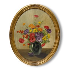 Vintage Original Signed Still Life Flowers in Vase Painting Gilt Oval Framed 22”