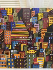 Original Abstract Cityscape Painting Colorful Geometric Buildings Signed CA