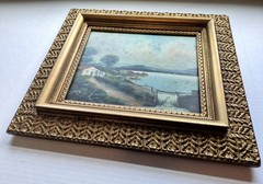 Antique Oil On Board Landscape Painting Water and House and Ornate Gesso Frame