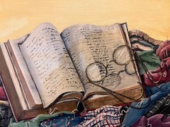 Original Artist Signed Oil Painting Still Life Books Old Clock & American Quilt