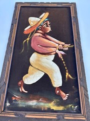 Black Velvet Painting Mexican Boy in a Sombrero Pulling Donkey? Vintage