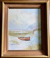 KARL NEUMANN (1891-1985) ORIGINAL OIL PAINTING SEASCAPE LIGHTHOUSE DINGHY OOAK
