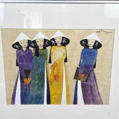 Vietnamese Watercolor Painting Signed & Dated Illegibly Four Woman 19×16”