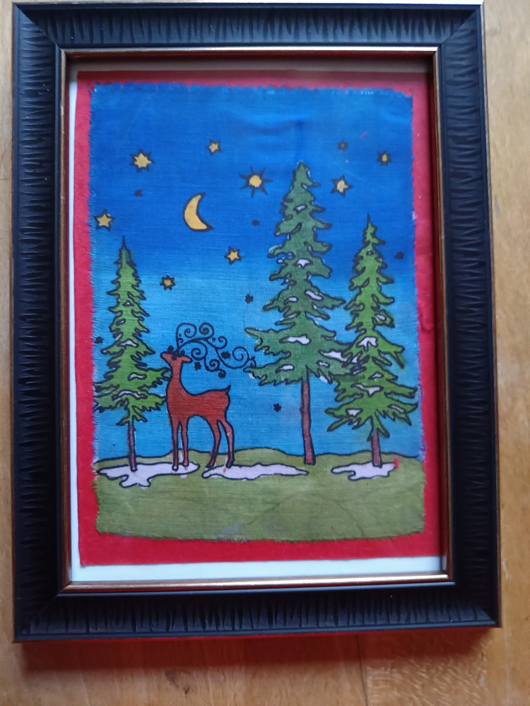 Handmade Forest Deer Stars Moon Picture on Fabric 12 x 16 cm in Frame