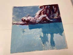 Broderson, “Figure Floats,” Original Painting on Paper, c 1970. 16 1/2 x 17 1/2”