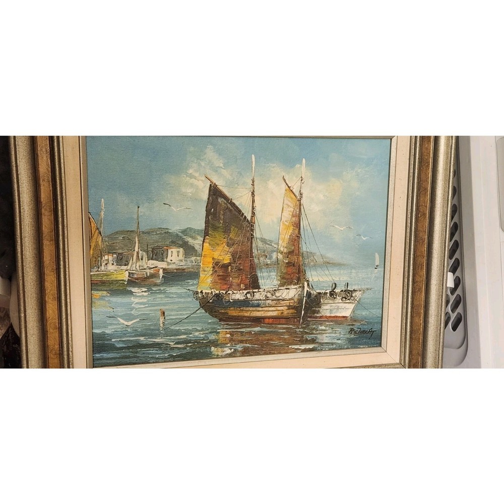 Vintage Framed Oil Painting Sailing Ship Harbor Scene.