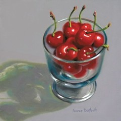 DANFORTH Cherries in Glass Vase, 6×6 realistic original still life oil painting