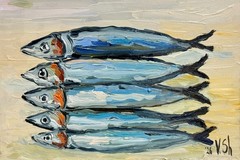 Sardine Original Oil Painting Fish Seafood Art Sardine Still life Kitchen Signed