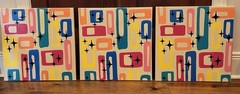 Three Canvases Painted In Acrylic In Mid Century Style Modern Colors