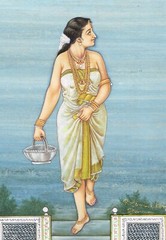 Painting Of A Woman Holding Basket View Of Morning Art On Paper 10.5×13.5 Inches