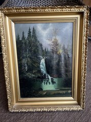 19th Century Beautiful Landscape Waterfall Oil Painting On Canvas Unsigned