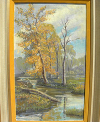 Impressionist vintage painting autumn landscape with tree and creek