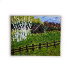 White Birch & Rustic Barn Painting, Original Autumn Landscape Acrylic on Canvas