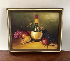 Vintage Oil Painting Still Life Fruit Wine Italy Frank Lean Framed Grapes Apples
