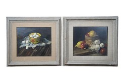 Mid Century Pair of Robert J Smith Still Life Oil Paintings on Board Framed 24″