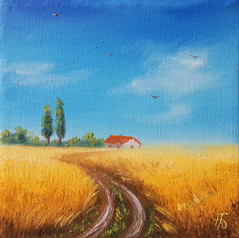 Golden Wheat Field Farmhouse Original Oil Painting Country Landscape Wall Decor