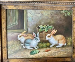 Vintage Original Bunny Rabbit Painting Chunky 3.25” Ornate Gilded frame 22×26”