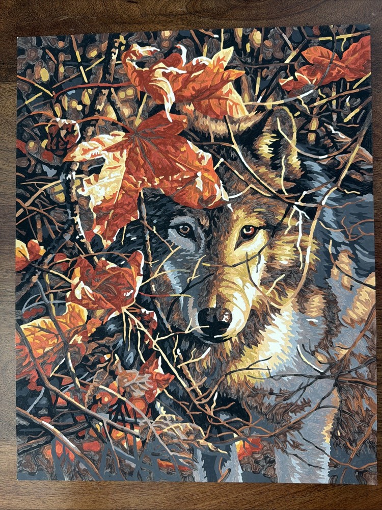 OOAK Paint By Number Wolf Painting Animal Among Birches Fall Leaves 11” X 14”