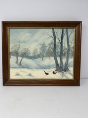 Vintage Hand Painted Winter Snow Scene Painting Signed Framed Approx 16×13