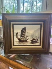 Vintage P. Wong Signed Sail Boats Oil Canvas Painting Hand Carved Frame