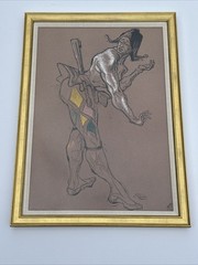 Mid Century Painting JESTER MAN MEN ANTIQUE 1940’S SIGNED MYSTERY MODERNIST