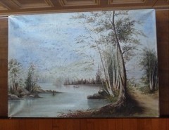 Antique 19th C Landscape with Lake Boat Country Lane with Figure Trees 17 X 24″