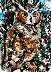 ORIGINAL ACEO PAINTING Great Horned OWL Winter BIRD Snow Animal Nature ATC ART