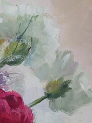 Vintage Oil Painting floral impressionist red roses white peonies signed