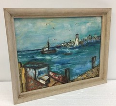 Vtg Original Sea Marina w/ Light House, Boats & Dock Seascape Painting on Board