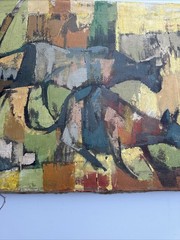 LARGE PAINTING ABSTRACT CATS KITTY KITTEN CUBIST CUBISM SEVENGER MID CENTURY OIL