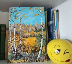 Original Oil Painting Autumn Birch Forest Textured Landscape 8x12in Panel Signed