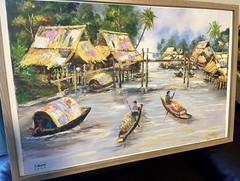 Monsoon Time Thailand Oil Painting NEWLY FRAMED 30 X 20