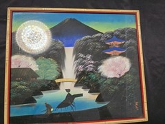 2 Vintage Chinese Waterfall Mountain Paintings on Silk Glass Bamboo Wood Frames