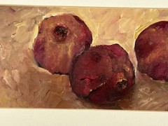 Still Life Oil Painting of Three Pomegranates on Table – Matted Study 10×19”