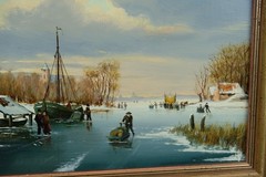 vintage oil on panel, dutch landscape ice skating people on river 20thC unsigned