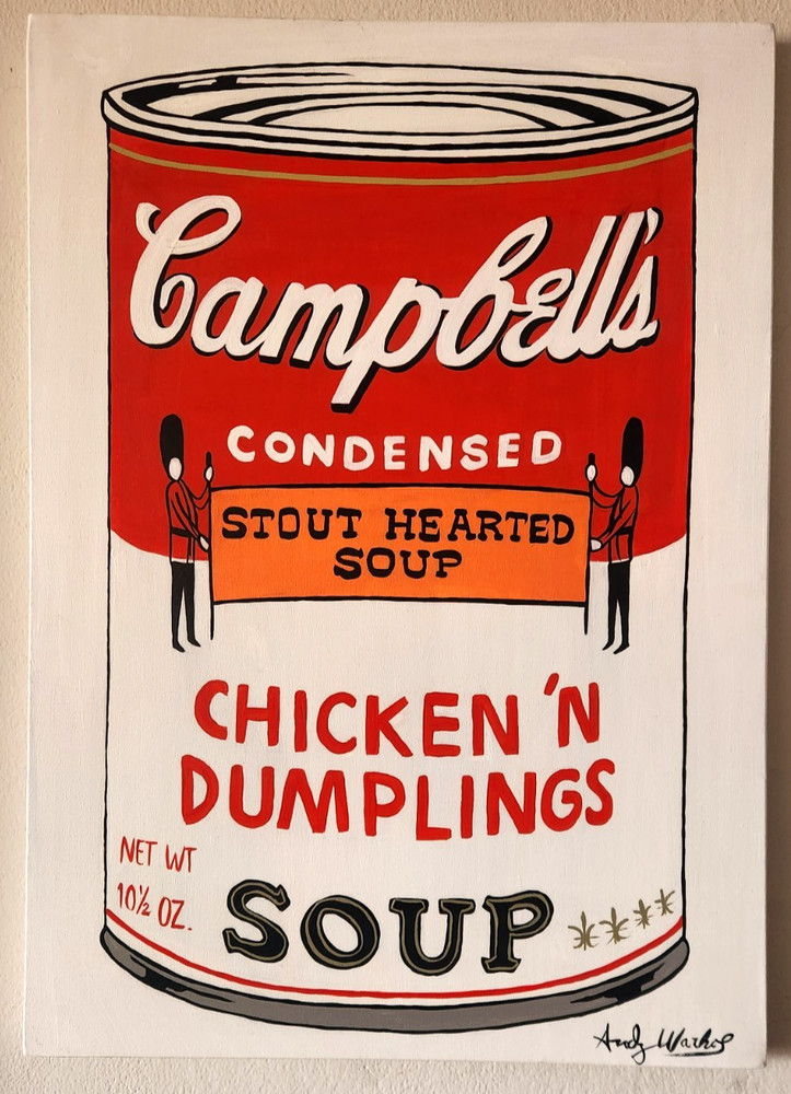 ANDY WARHOL 28×20 in. Oil on canvas (Campbells soup) signed & stamped. Pop art