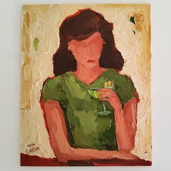 Girl With a Cocktail Painting Original Oil Art Portrait Semi Abstract Modern Art