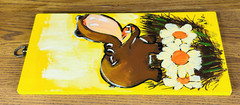 HIPPOPOTAMUS WOOD VTG HAND PAINTED ART SIGNED by Walker Flower Yellow Red Hippo