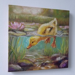 Diving Duckling Original Oil Painting Duck Pond Wildlife Animal Nature Art Gift