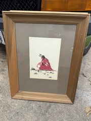 Woody BigBow Big Bow Kiowa Gouache Signature Painting Seated Indian Framed Wood