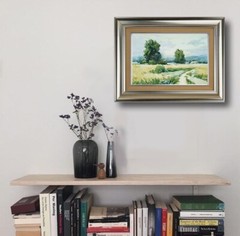 Watercolor painting. Landscape with field and trees.